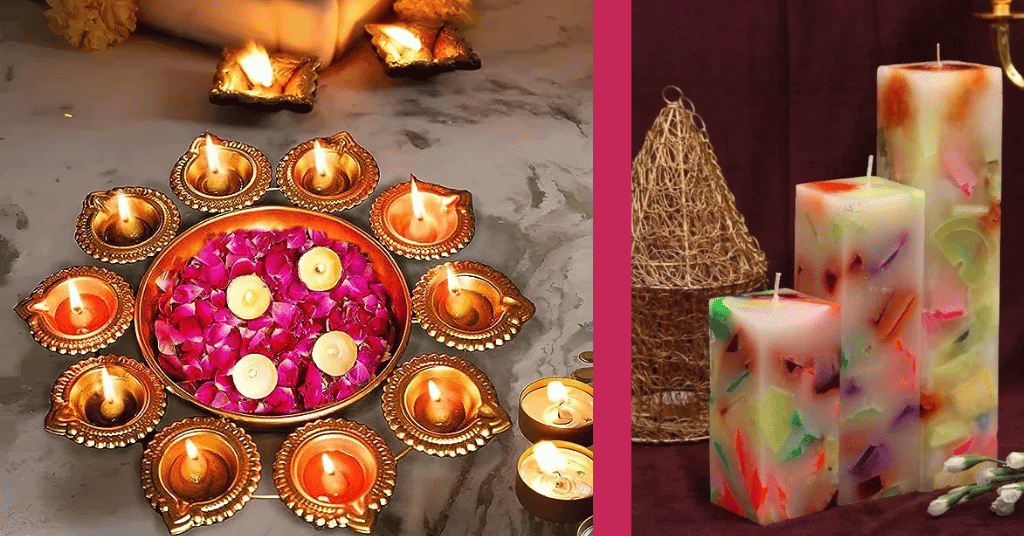 10 diwali lit up diyas with big candles for diwali decorations