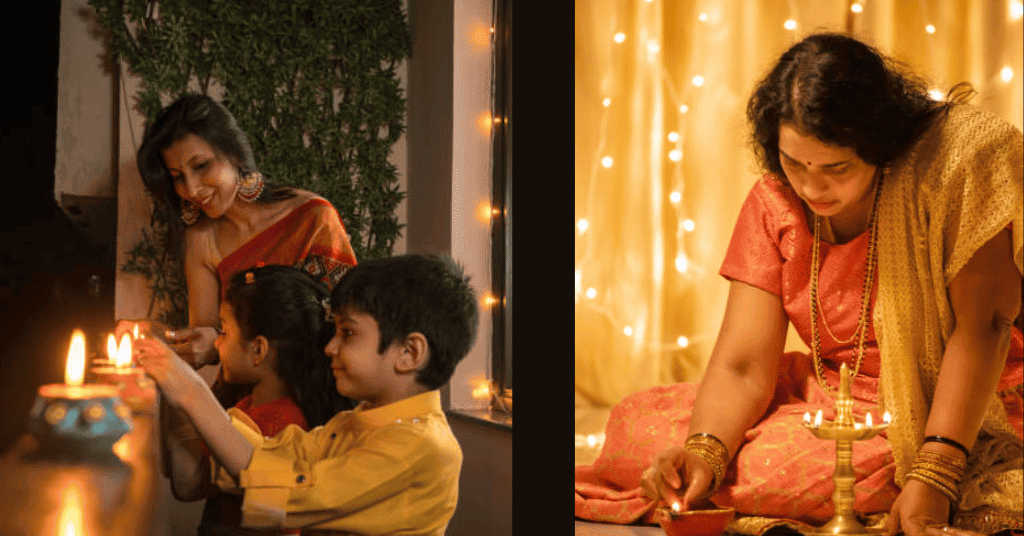 kids and their parents lighting up diyas on Diwali 