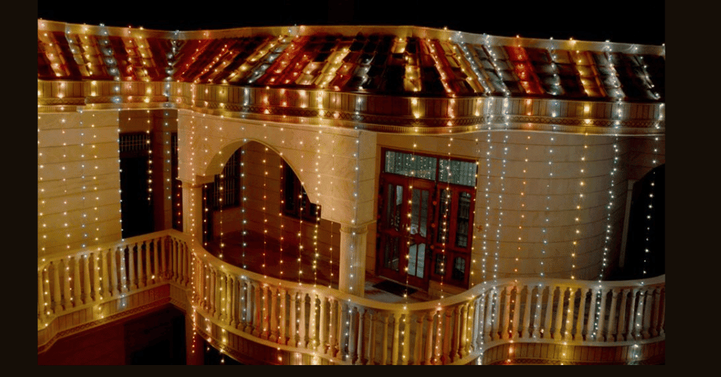 A house draped with Diwali pixel lights 
