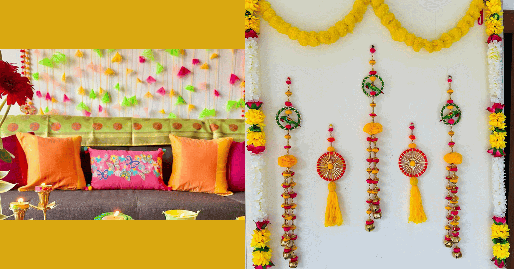 Diwali Wall Decoration Ideas at Home with marigold flowers and torans 
