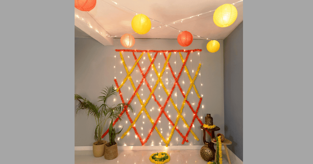 Diwali decorations with marigold garlands on wall 