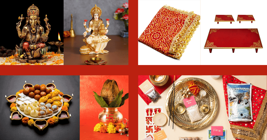 Diwali puja items and kits such as pooja samagri, ganesh idol, laxmi maa idol, sweets, and more