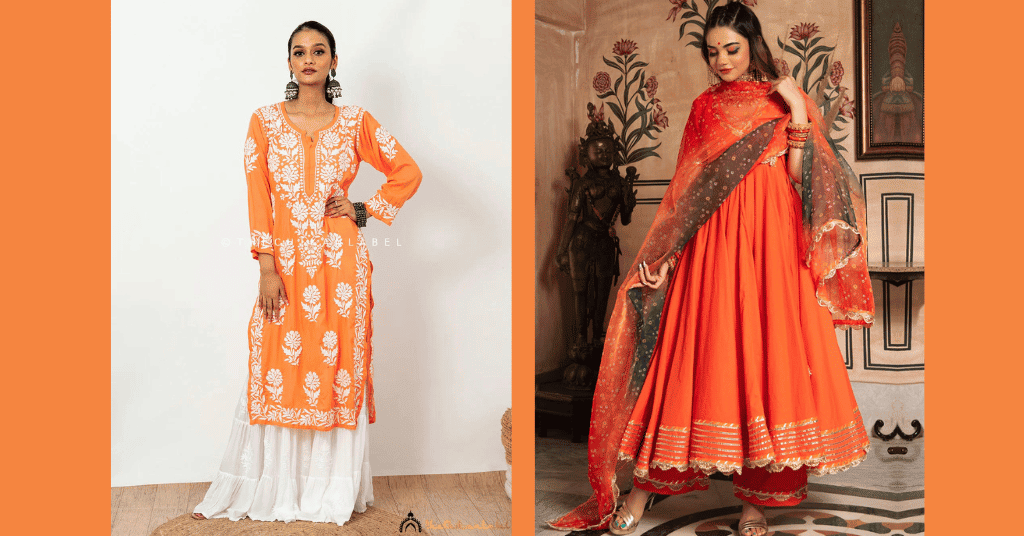 orange color navratri outfits ideas such as anarkali suit and a chikankari kurti