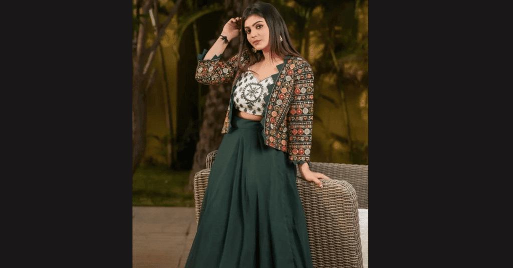  green color Georgette Jacket Style Lehenga for Navratri