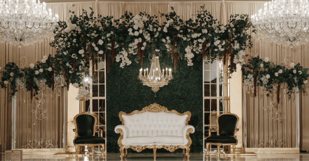  A Royal Stage Decoration for Engagement With Nude Hues & Green Accents