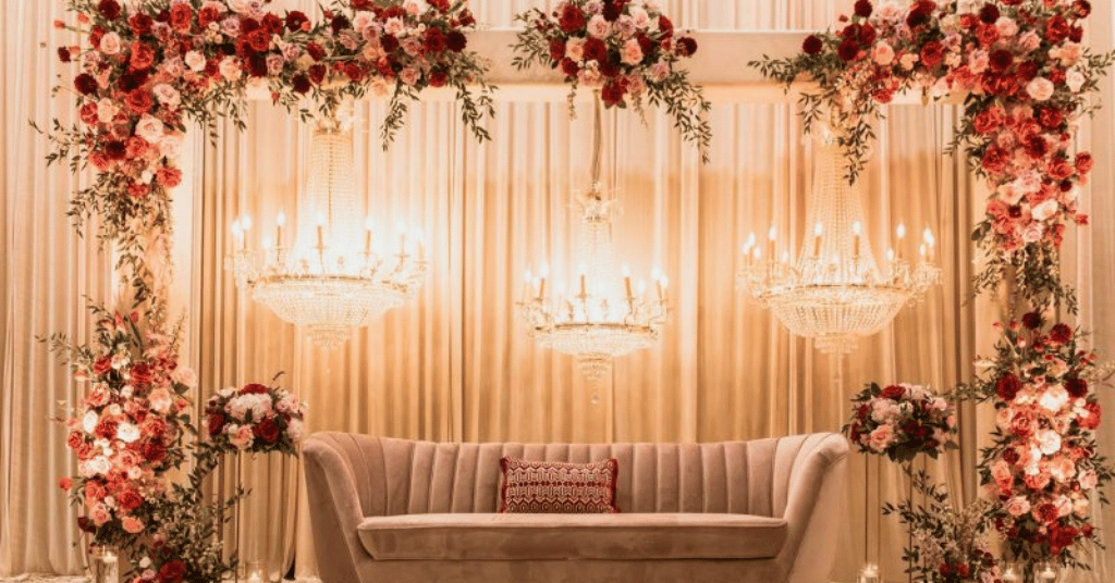 Curtain-themed with Red, Pink, & White Flower Bouquets 