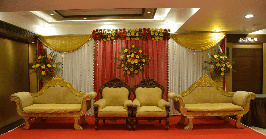 Three Drape Theme & Simple Indian Engagement Decorations at Home with flower bouquets 