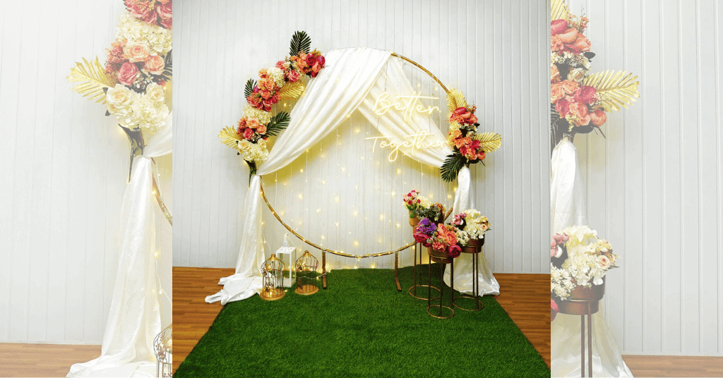  Engagement Ring Backdrop Decoration with flower bunches and LED lights 