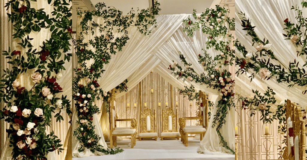 Trending Engagement Decoration Ideas With Golden Backdrop & green foliage 