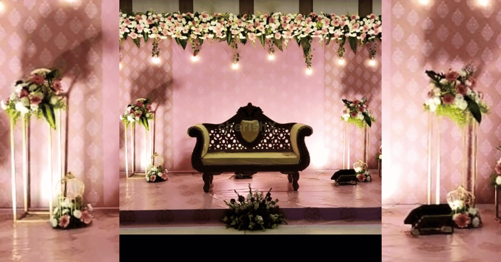 Simple Engagement Background Decoration with pink & white flower bouquets & lights 