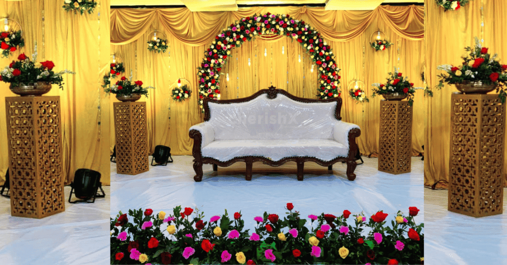 Simple Engagement Background Decoration With Golden Drapes & Floral Arch 