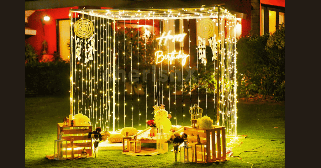 light enchanted cabana with a neon light, wooden creates, and other decorative items
