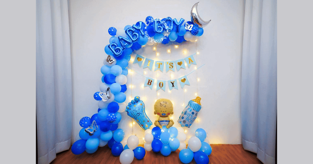 Blue Theme Baby Boy Decoration with blue and white balloons 