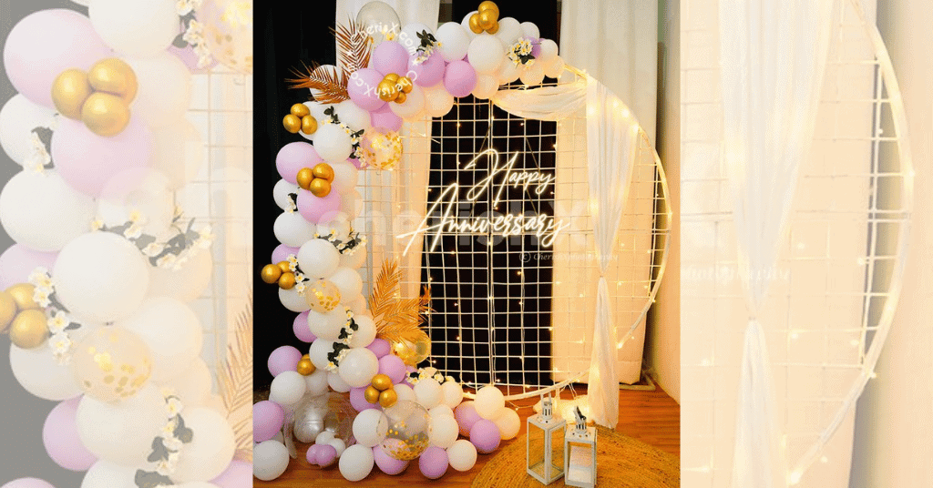 a ring backdrop adorned with purple and white balloons with happy anniversary neon light 
