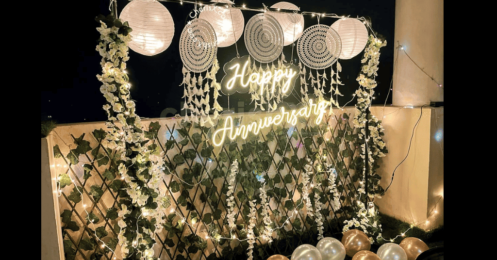 premium white anniversary decor with dream catchers and fairy lights