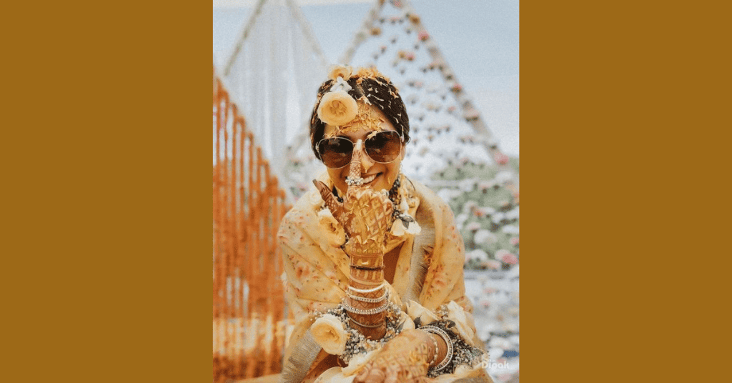 A bride to be wearing Kaala chashma and is all drenched in Haldi makeover 