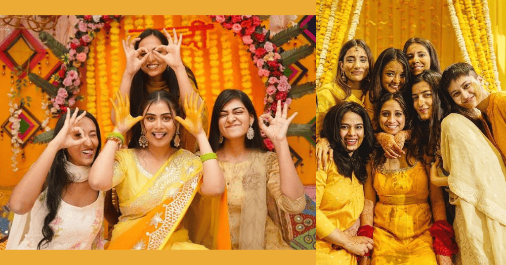 bride to be with her friends to get a Haldi ready picture 