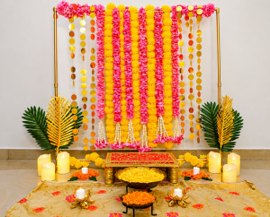 flower backdrop for pooja spaces 