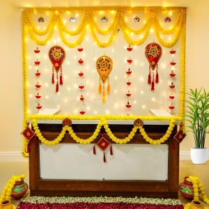 yellow red diwali office reception decorartion